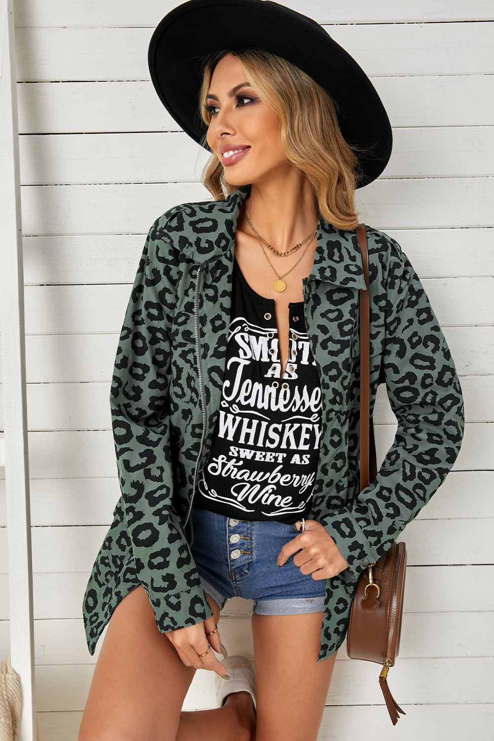 Double Take Leopard Drawstring Waist Jacket with Pockets