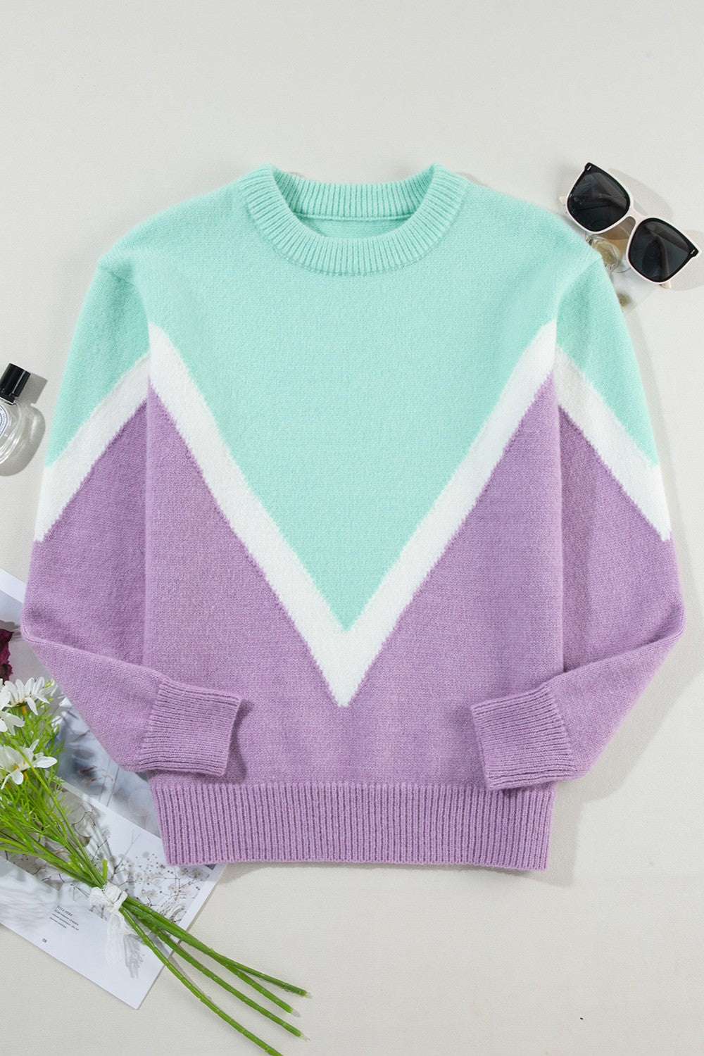 Contrast Round Neck Dropped Shoulder Sweater