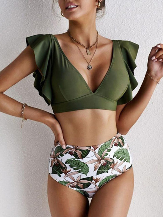 Ruffled Printed V-Neck Two-Piece Swim Set