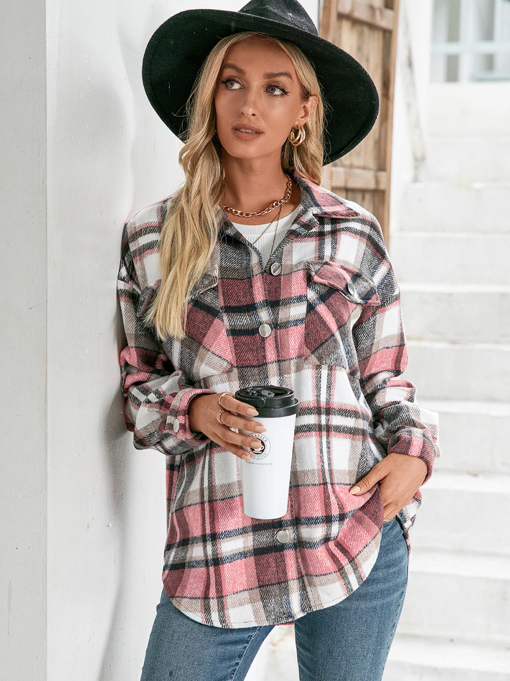 Ivy Lane Meet You Outside Plaid Button Down Curved Hem Shacket