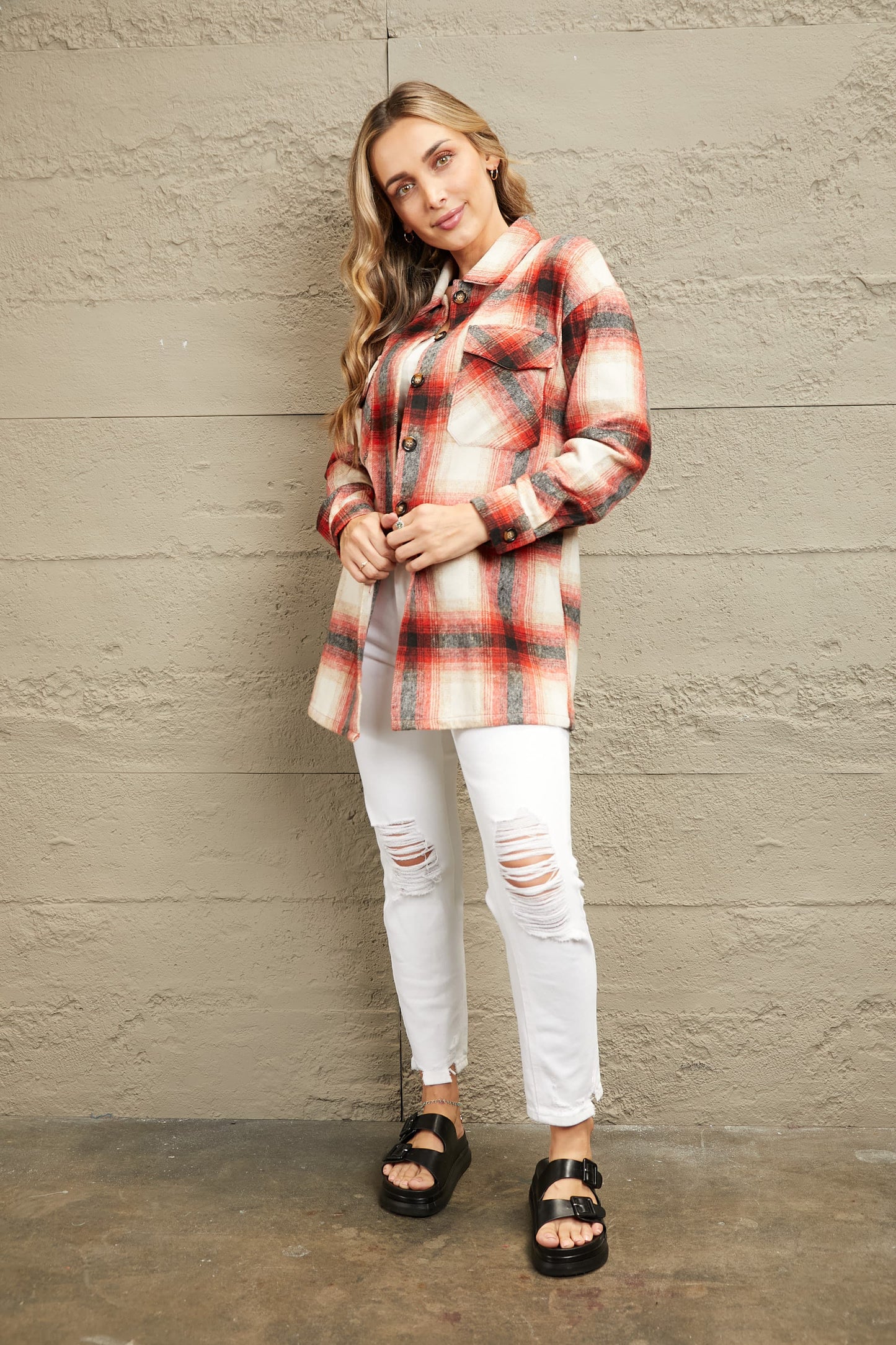 Double Take Plaid Button Up Shirt Jacket with Pockets