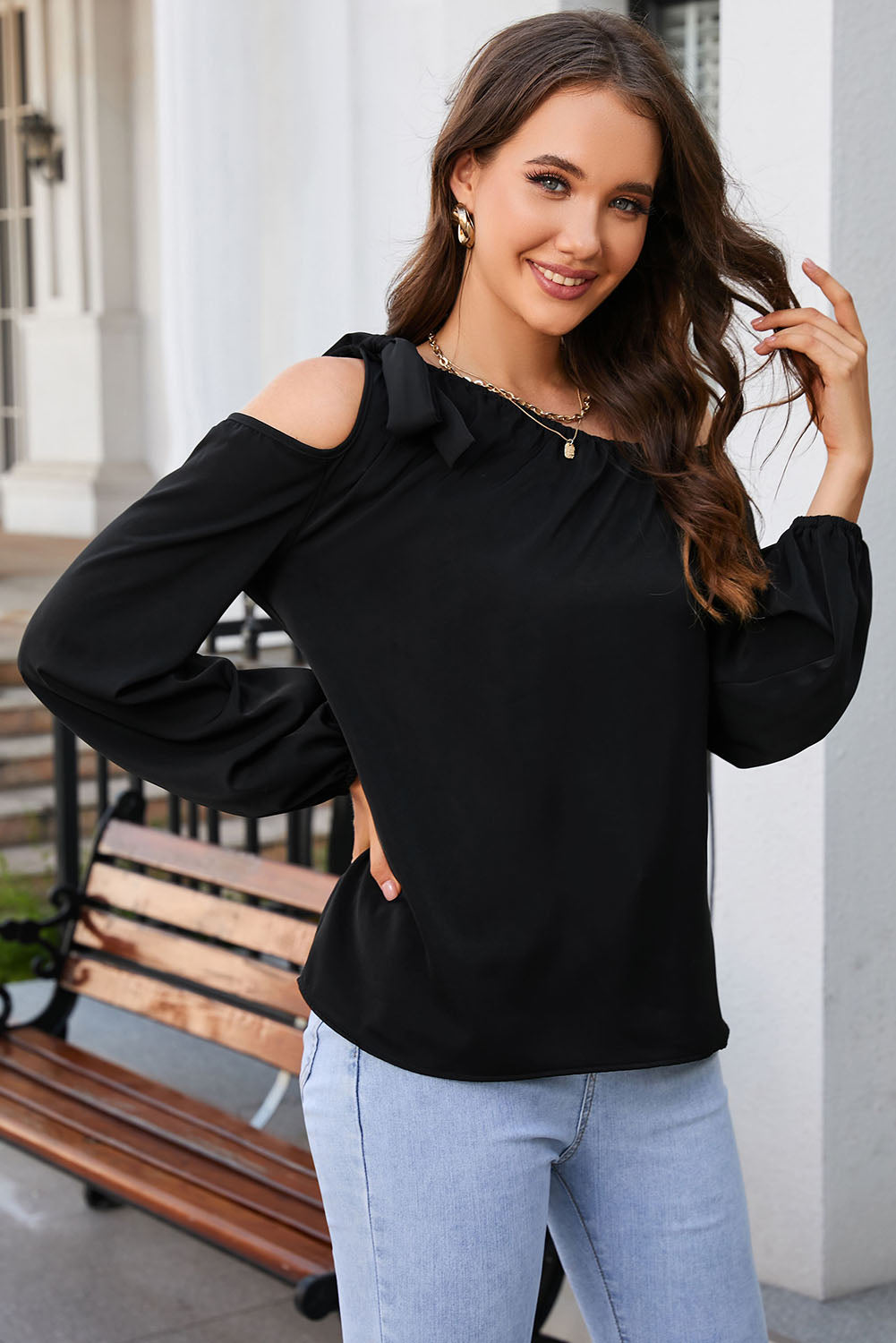 Double Take Tied Asymmetrical Neck Cold-Shoulder Blouse