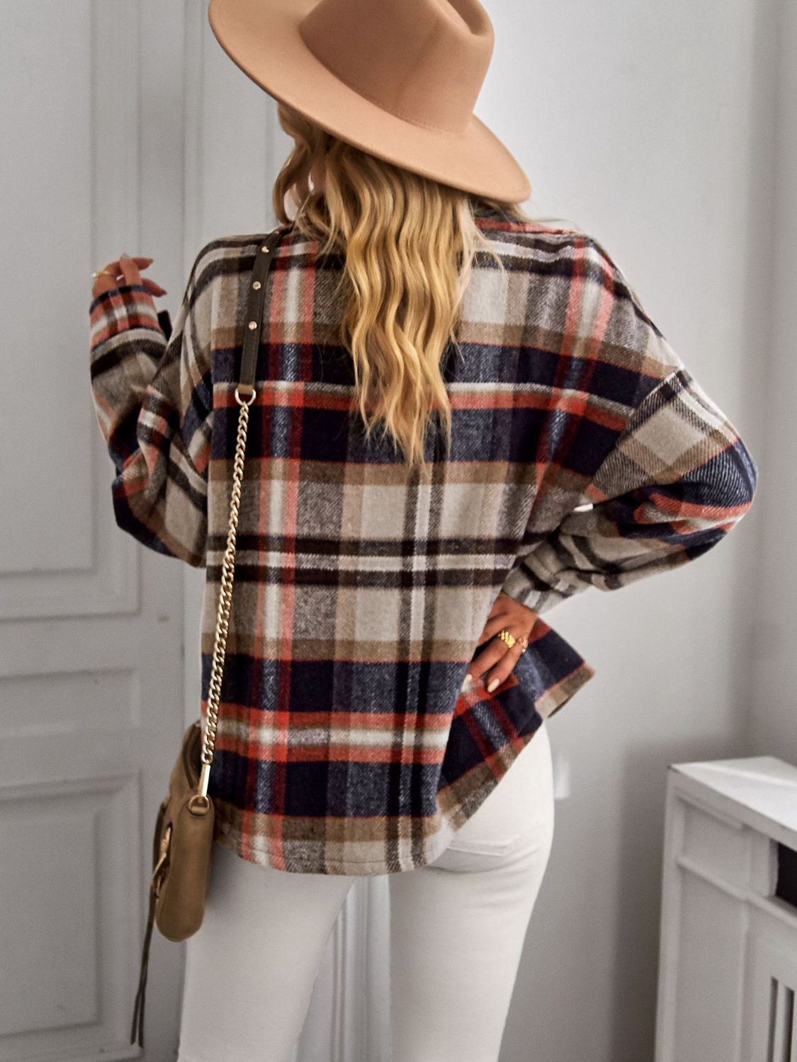 Plaid Button Front Brushed Shacket with Breast Pockets