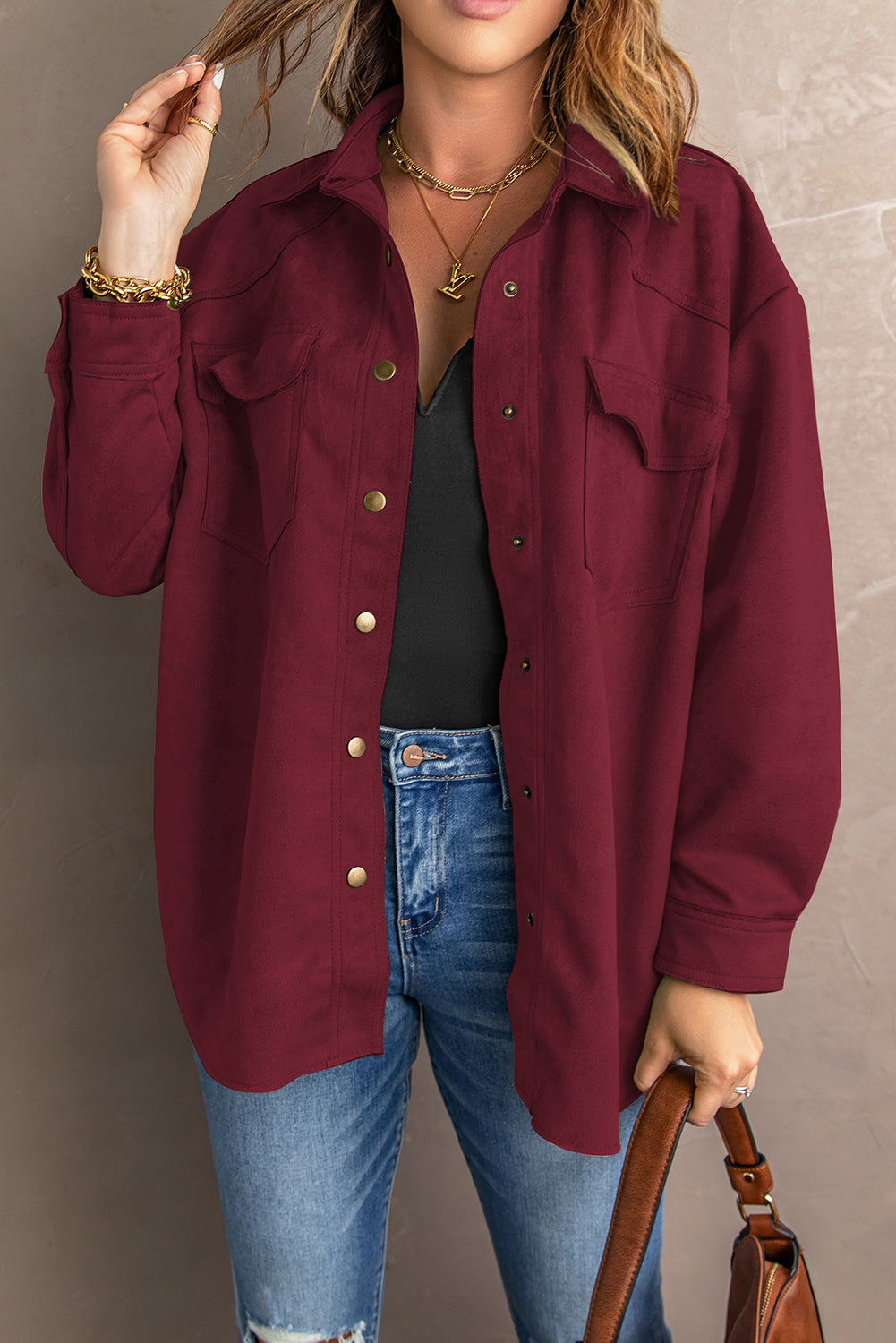 Double Take Suede Snap Front Dropped Shoulder Jacket