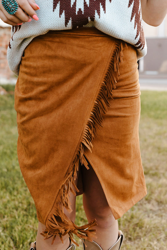 Double Take Fringe Trim Wrap Skirt