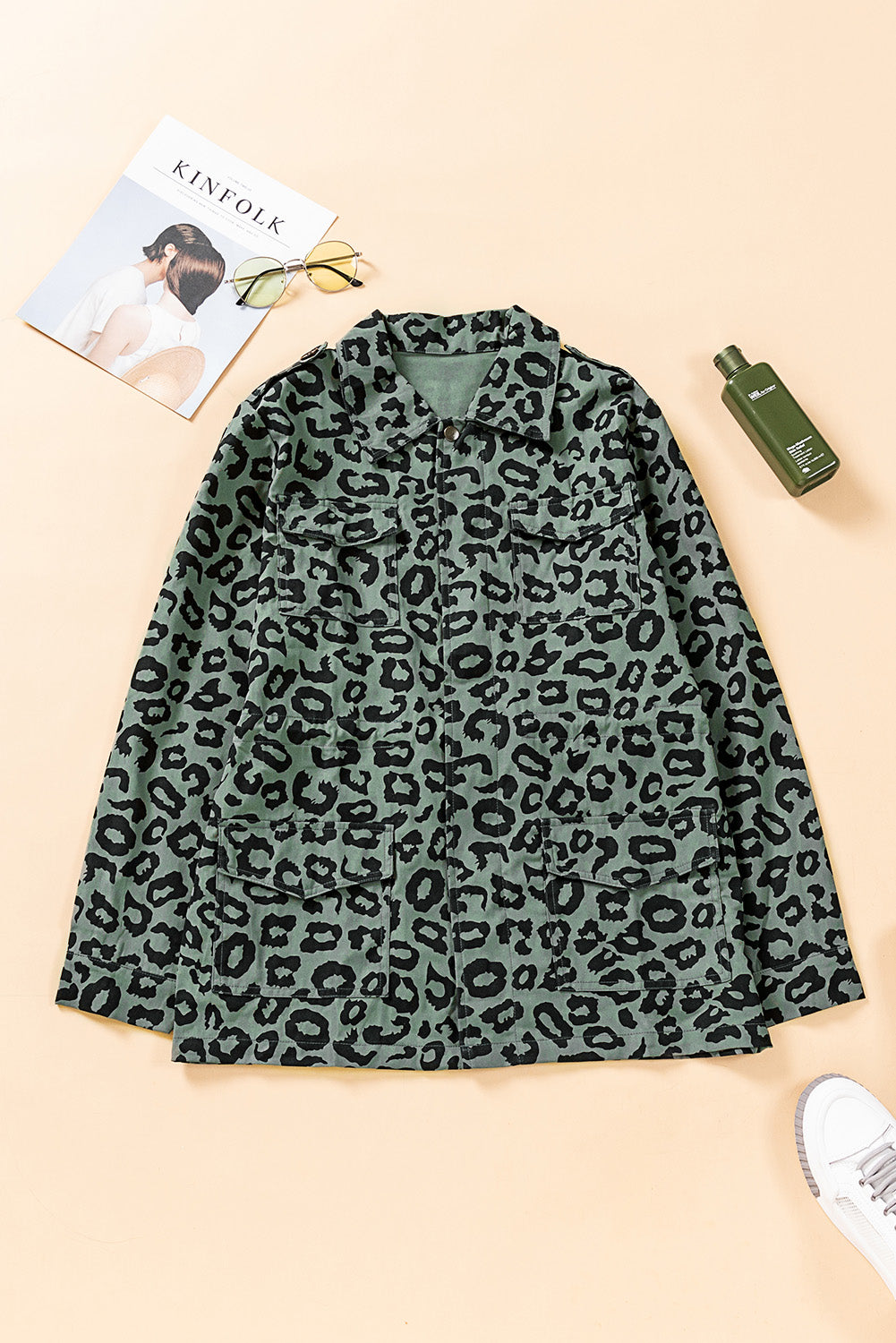 Double Take Leopard Drawstring Waist Jacket with Pockets