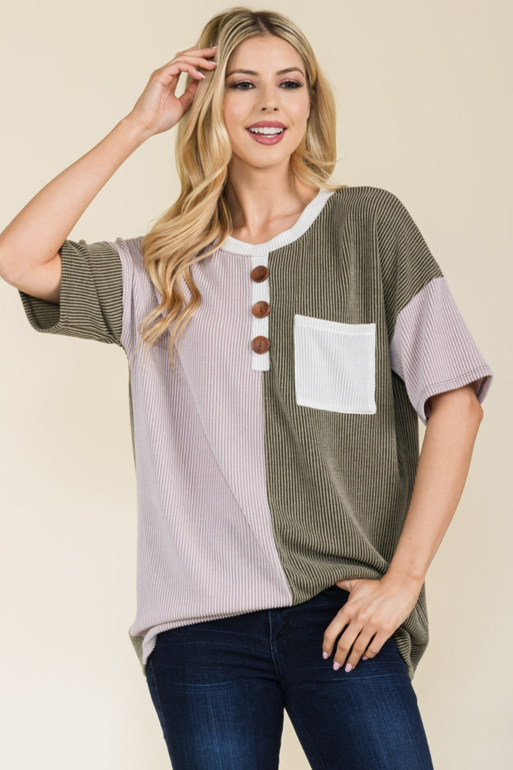 Celeste Full Size Ribbed Color Block Short Sleeve T-Shirt