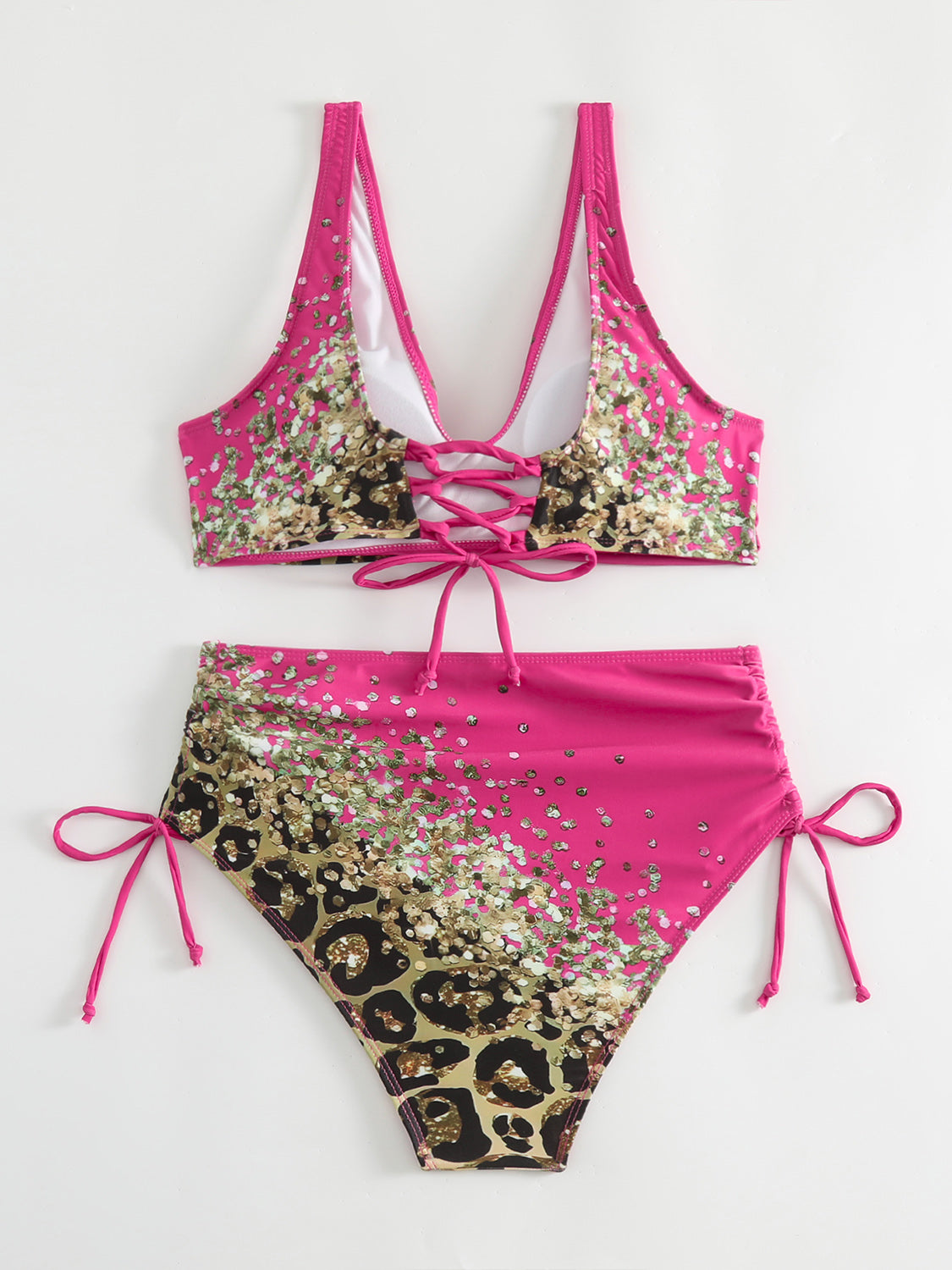 Lace-Up Printed Wide Strap Bikini Set