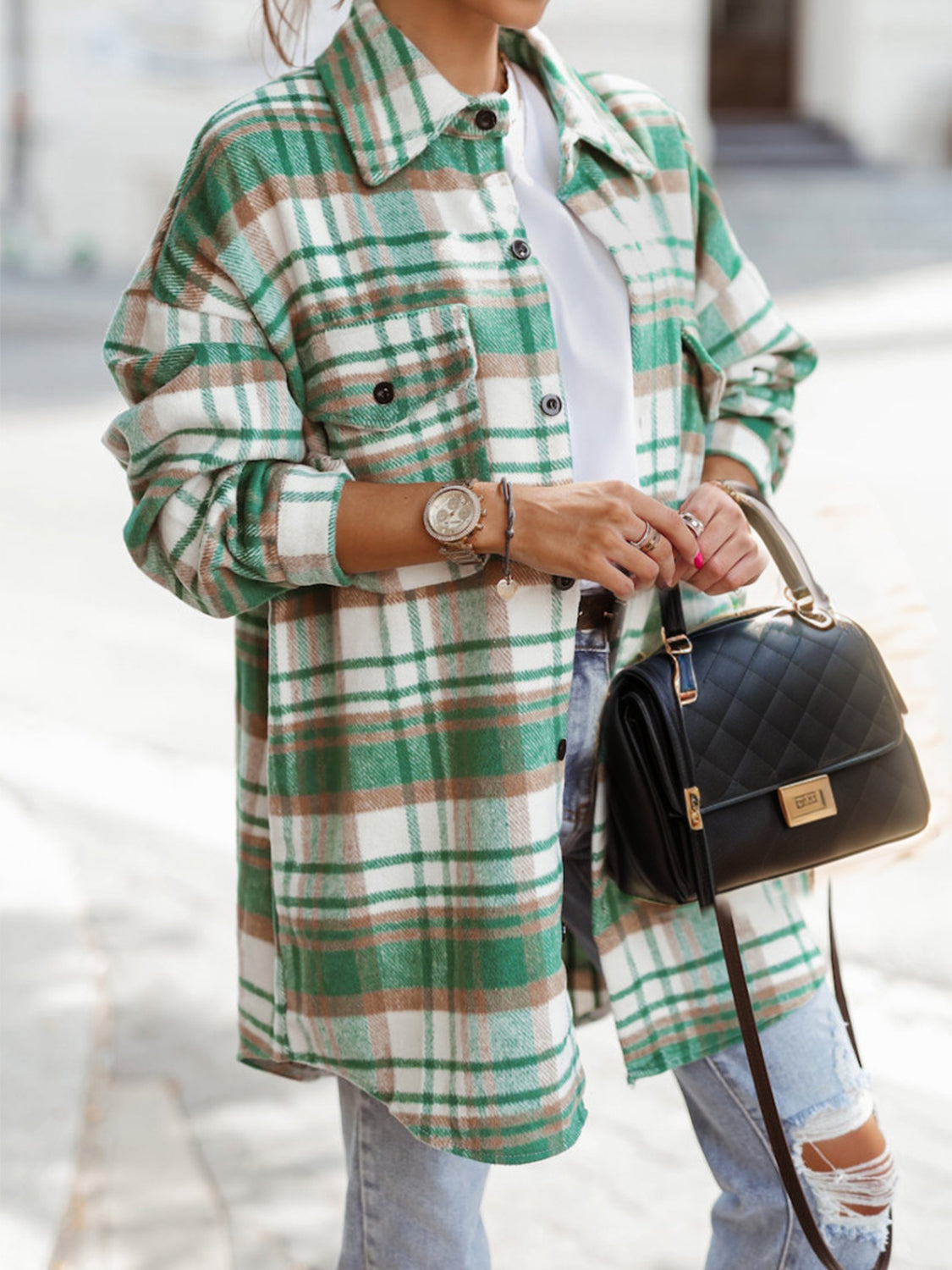 MeiMei Pocketed Plaid Button Up Dropped Shoulder Shacket