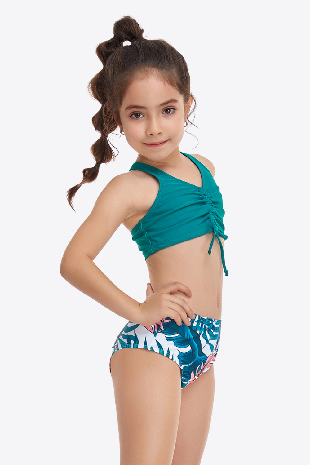 Printed Drawstring Ruched Two-Piece Swim Set