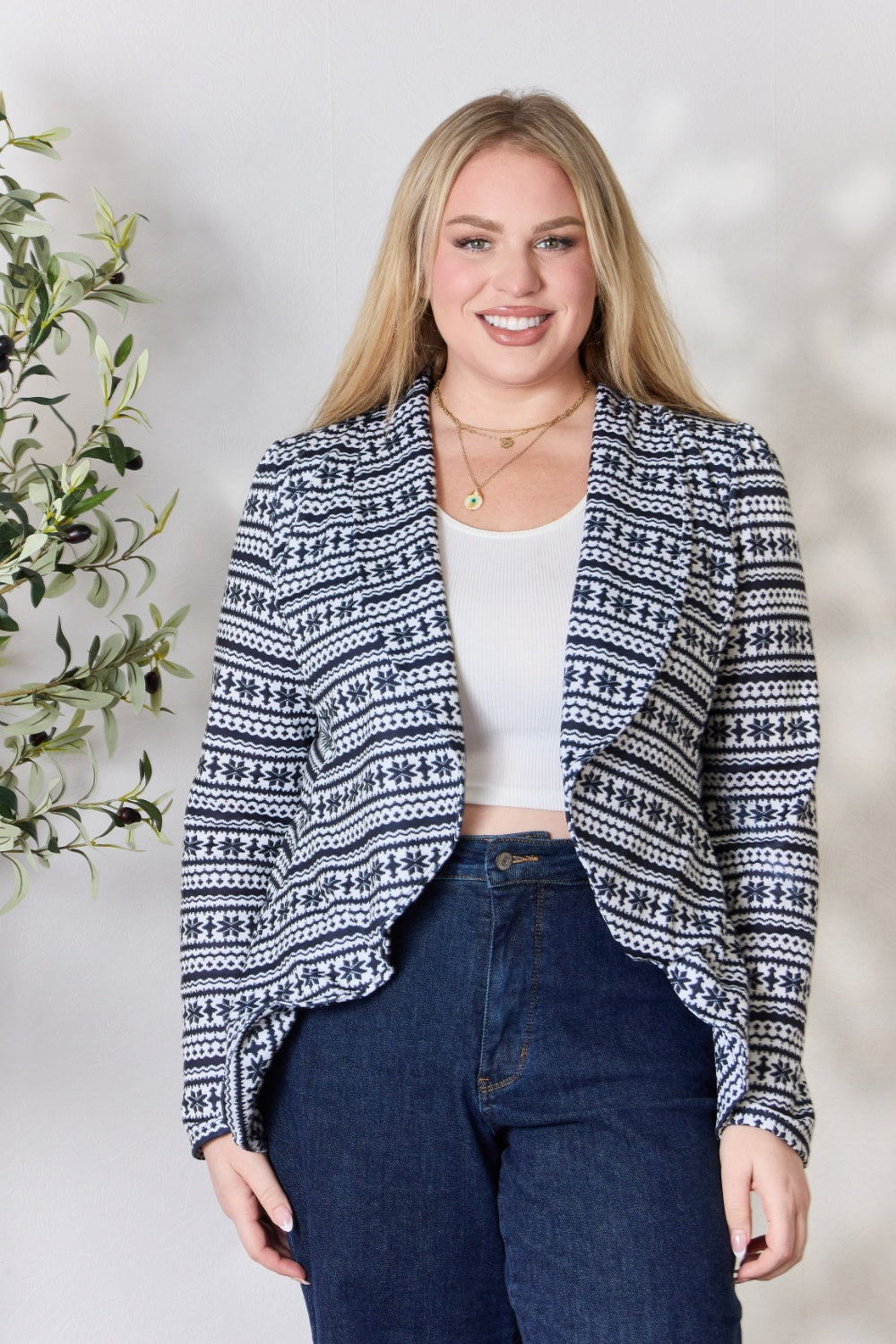 Heimish Full Size Open Front Printed Blazer