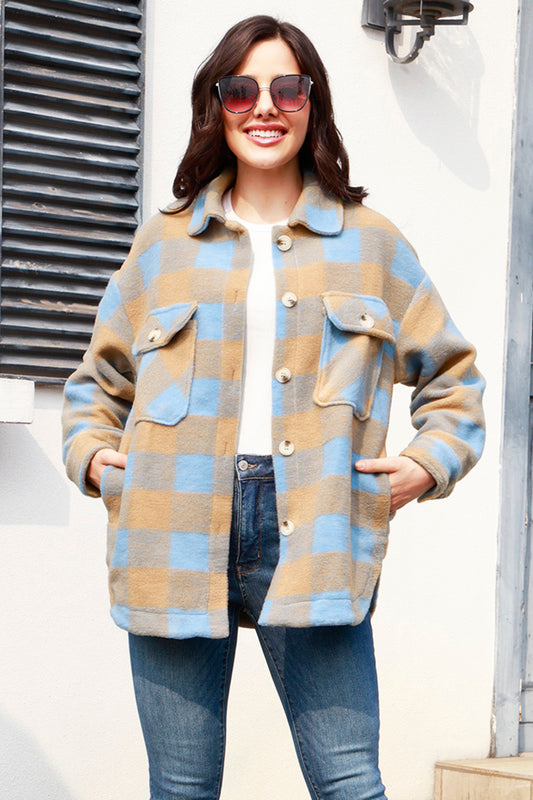 MeiMei Plaid Button Up Collared Neck Slit Shacket