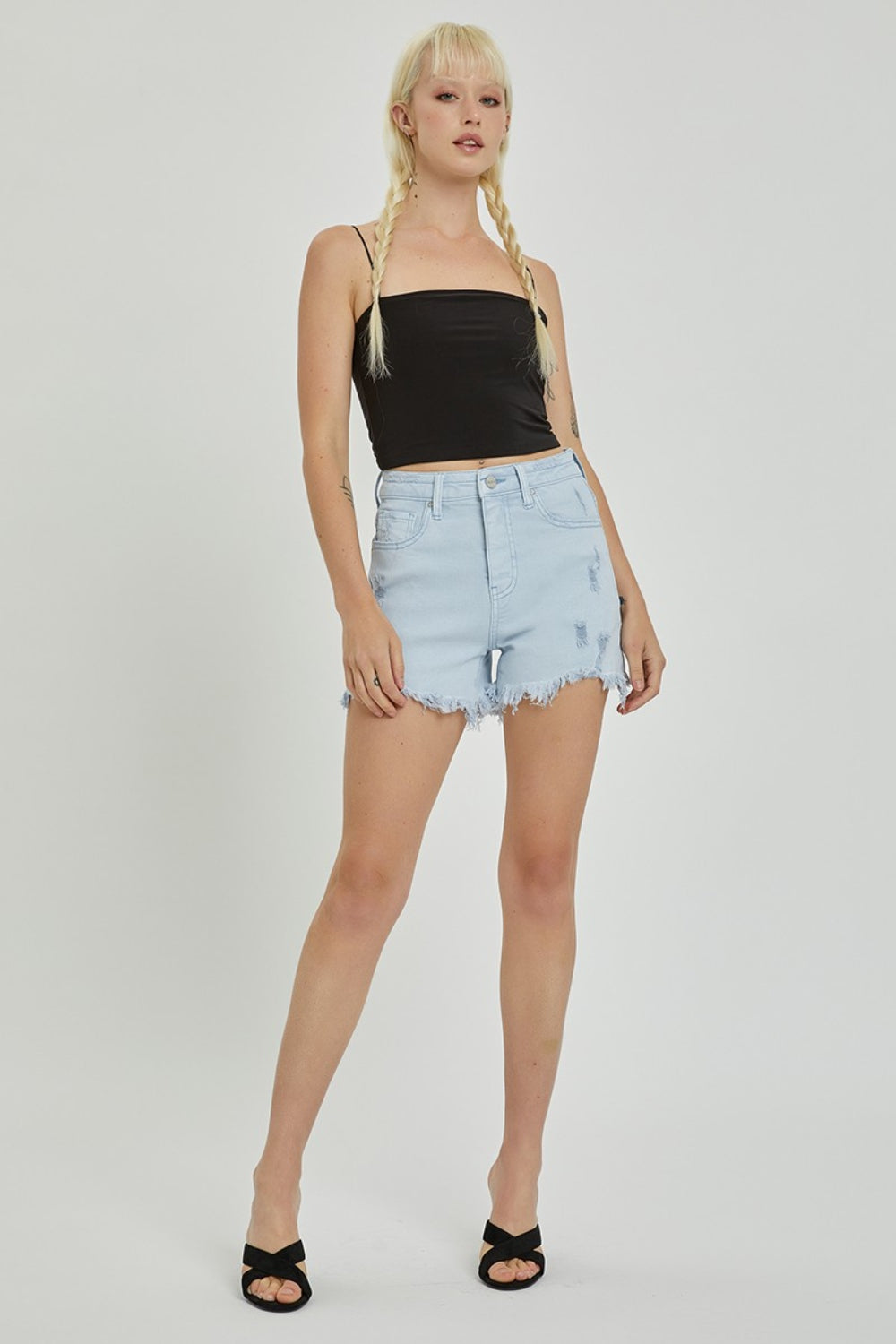 RISEN Full Size High Rise Distressed Detail Denim Shorts