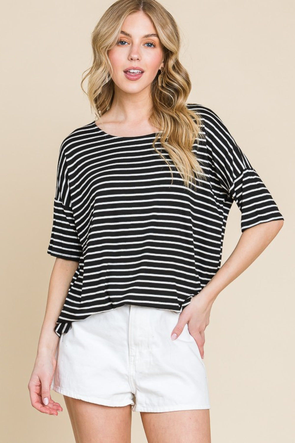 BOMBOM Striped Round Neck T-Shirt