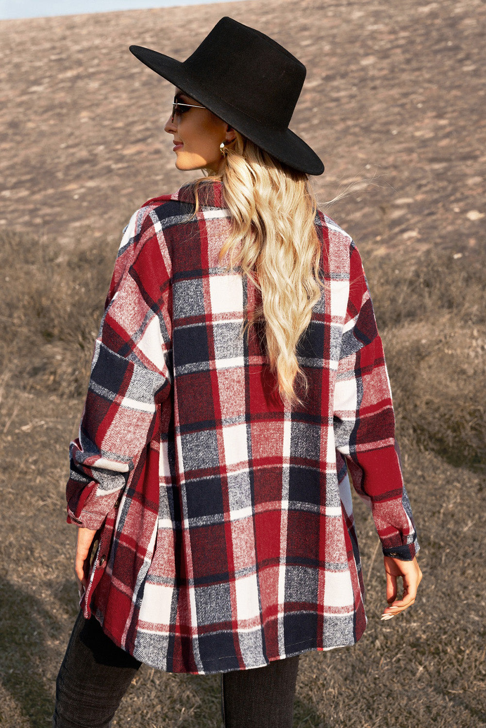 Double Take Plaid Dropped Shoulder Pocketed Shirt Jacket