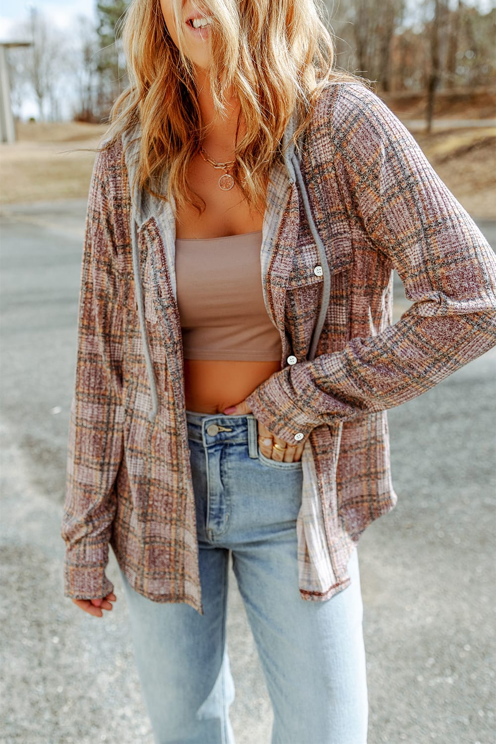 Double Take Plaid Long Sleeve Hooded Jacket