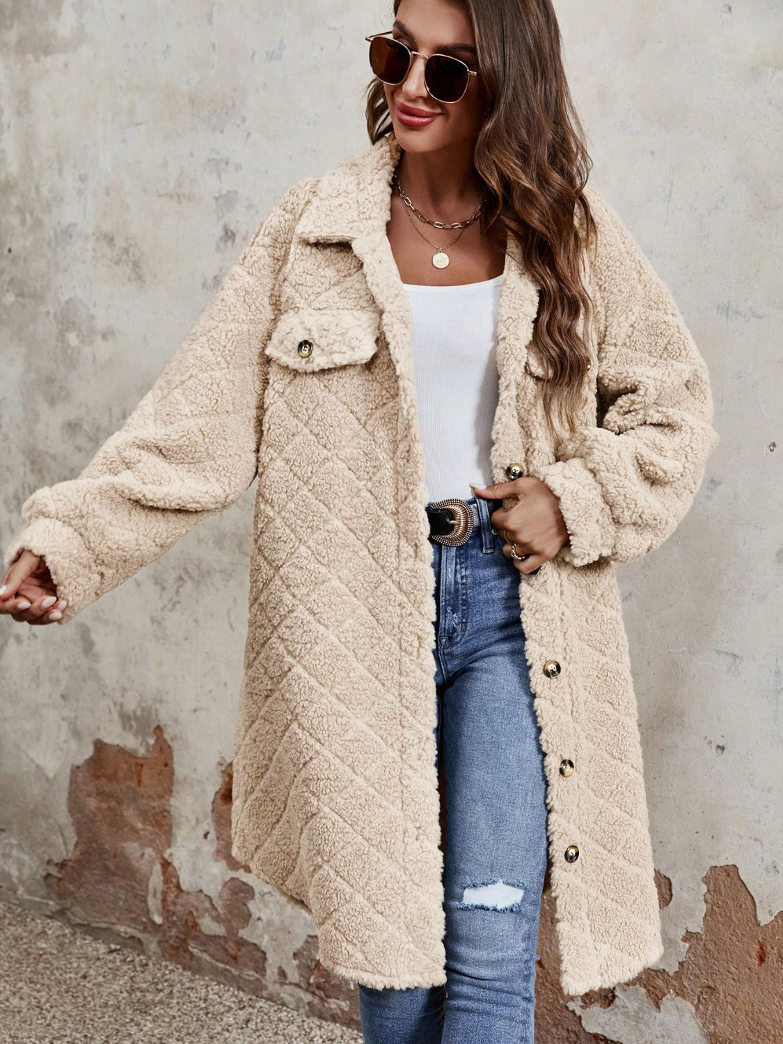 Fuzzy Button Up Dropped Shoulder Long Sleeve Coat