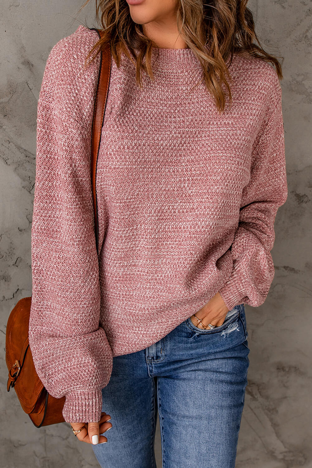 Double Take Heathered Dropped Shoulder Round Neck Sweater