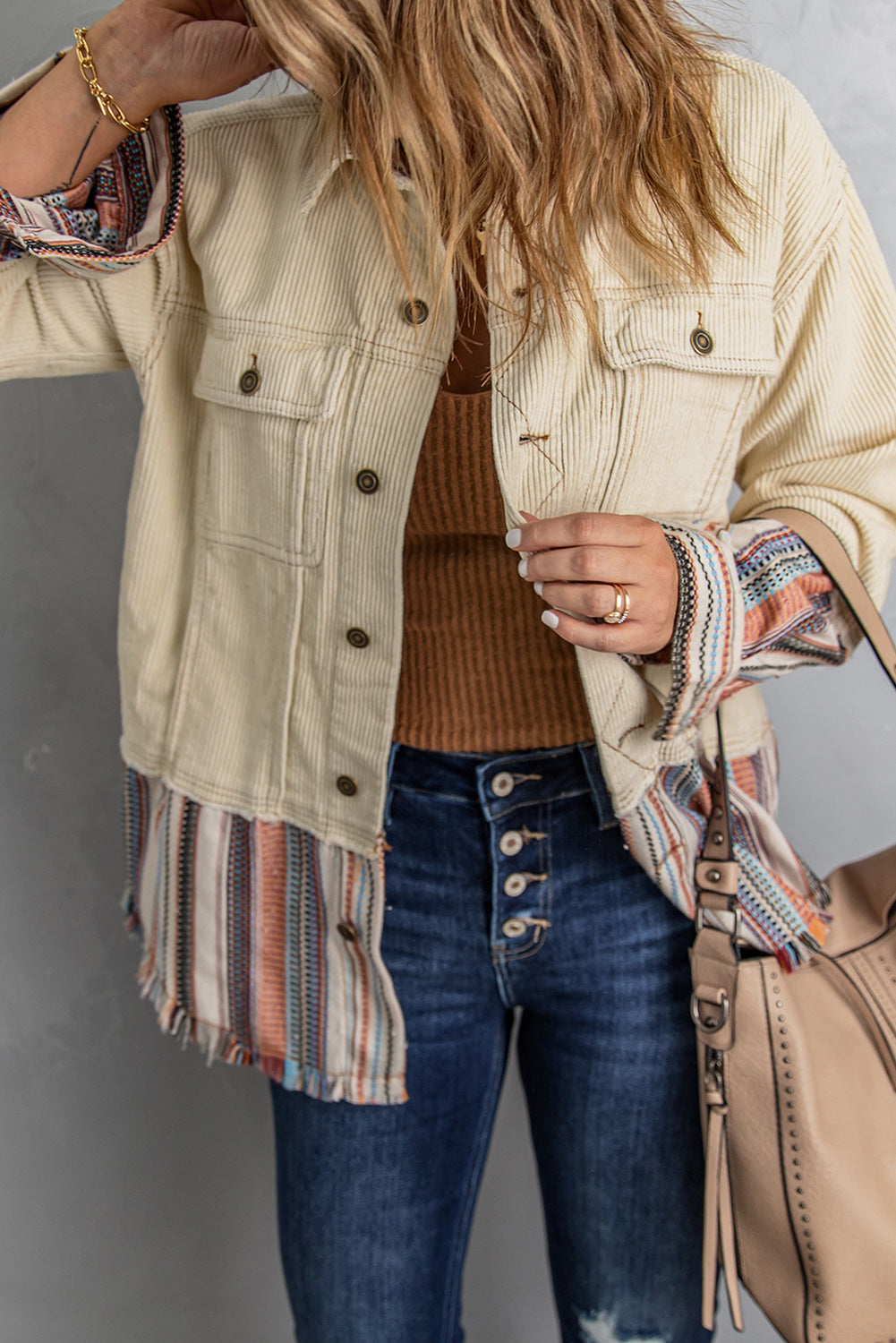 Double Take Striped Frayed Hem Corduroy Jacket