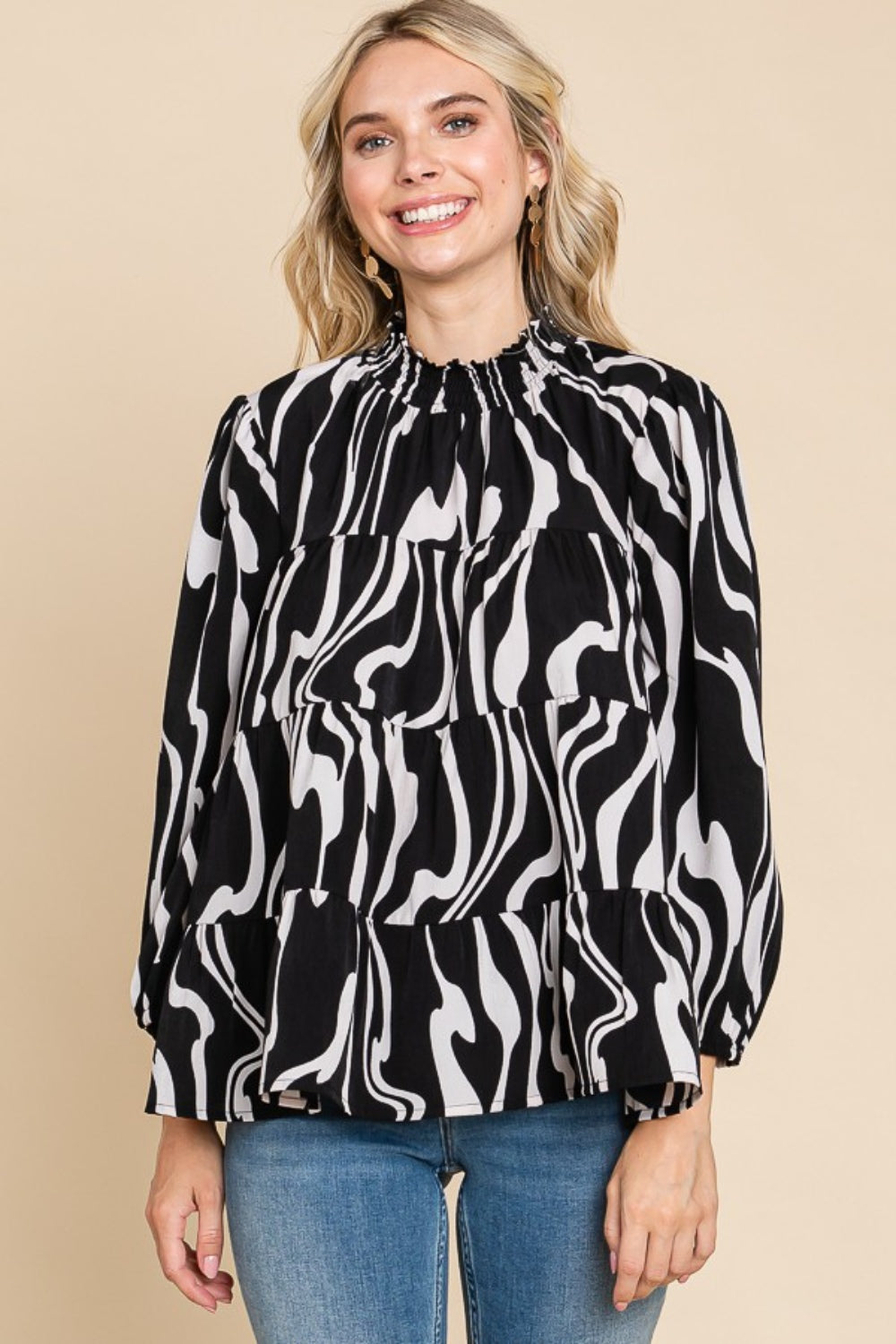 Culture Code Printed Smock Neck Tiered Blouse