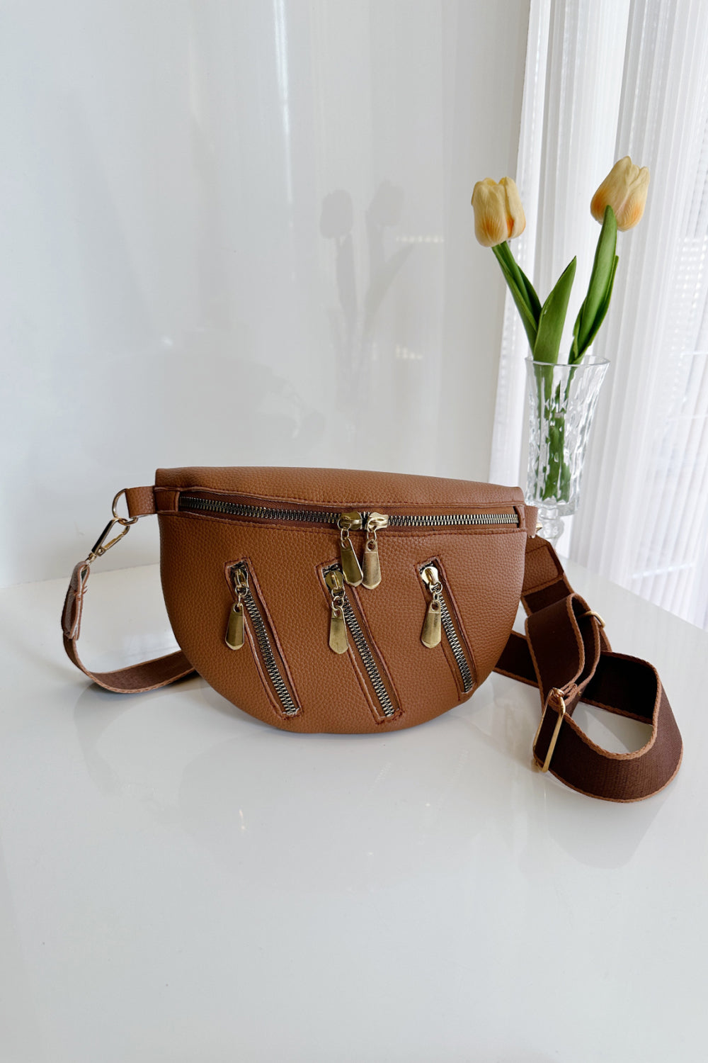 PU Leather Multi Zipper Shoulder Bag