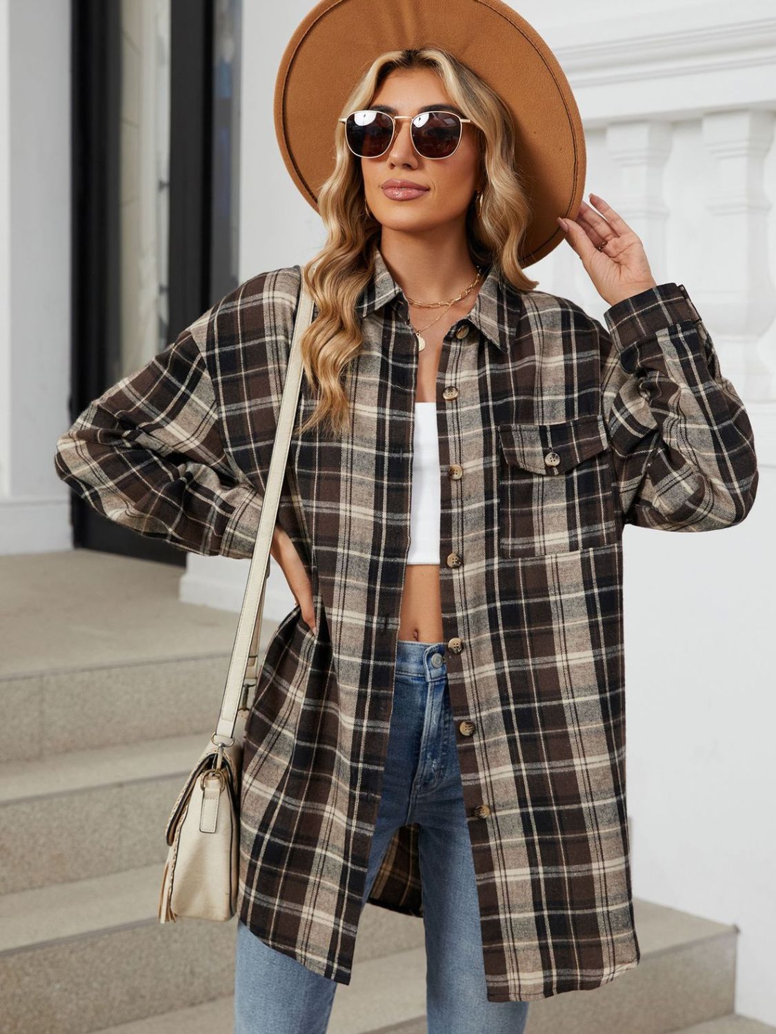 Plaid Collared Neck Long Sleeve Shirt