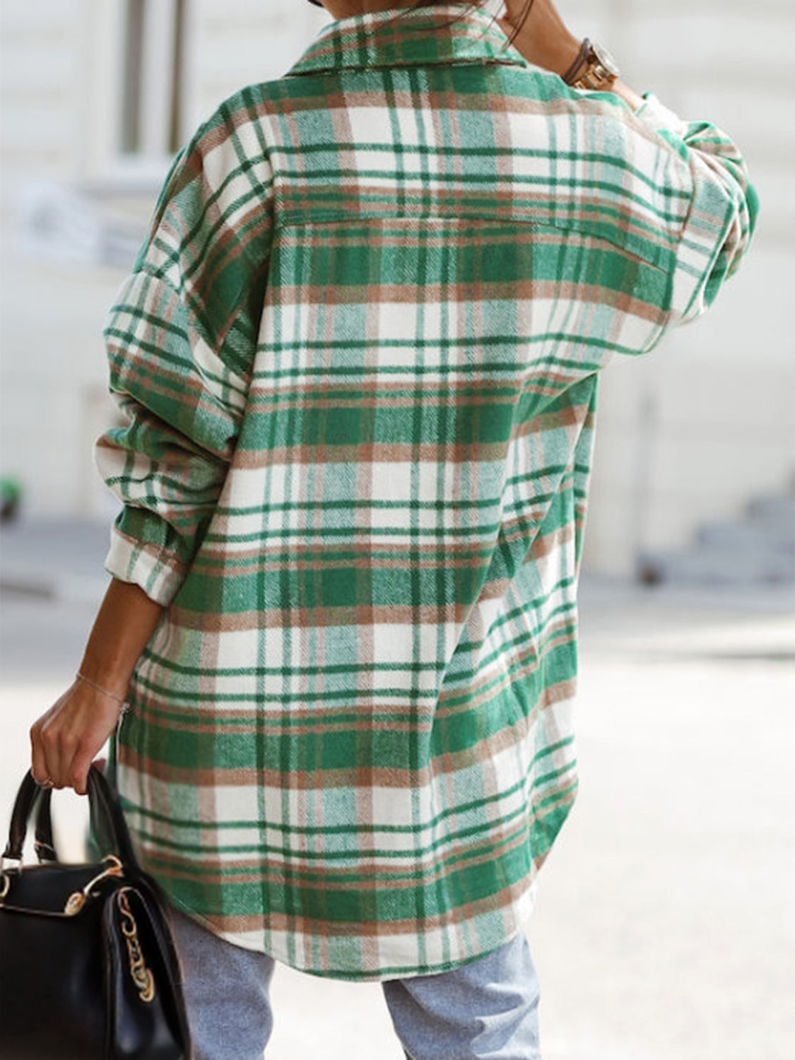 MeiMei Pocketed Plaid Button Up Dropped Shoulder Shacket