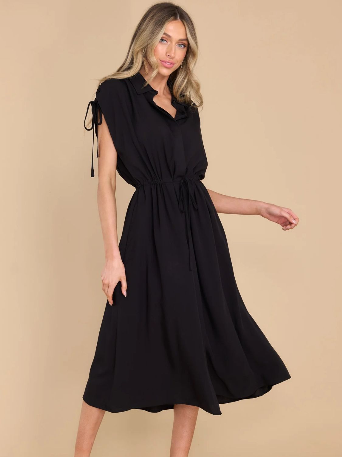 Drawstring Collared Neck Short Sleeve Midi Dress