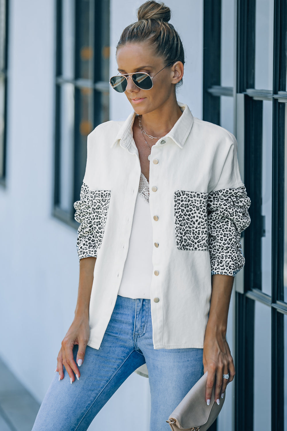 Double Take Leopard Contrast Denim Top