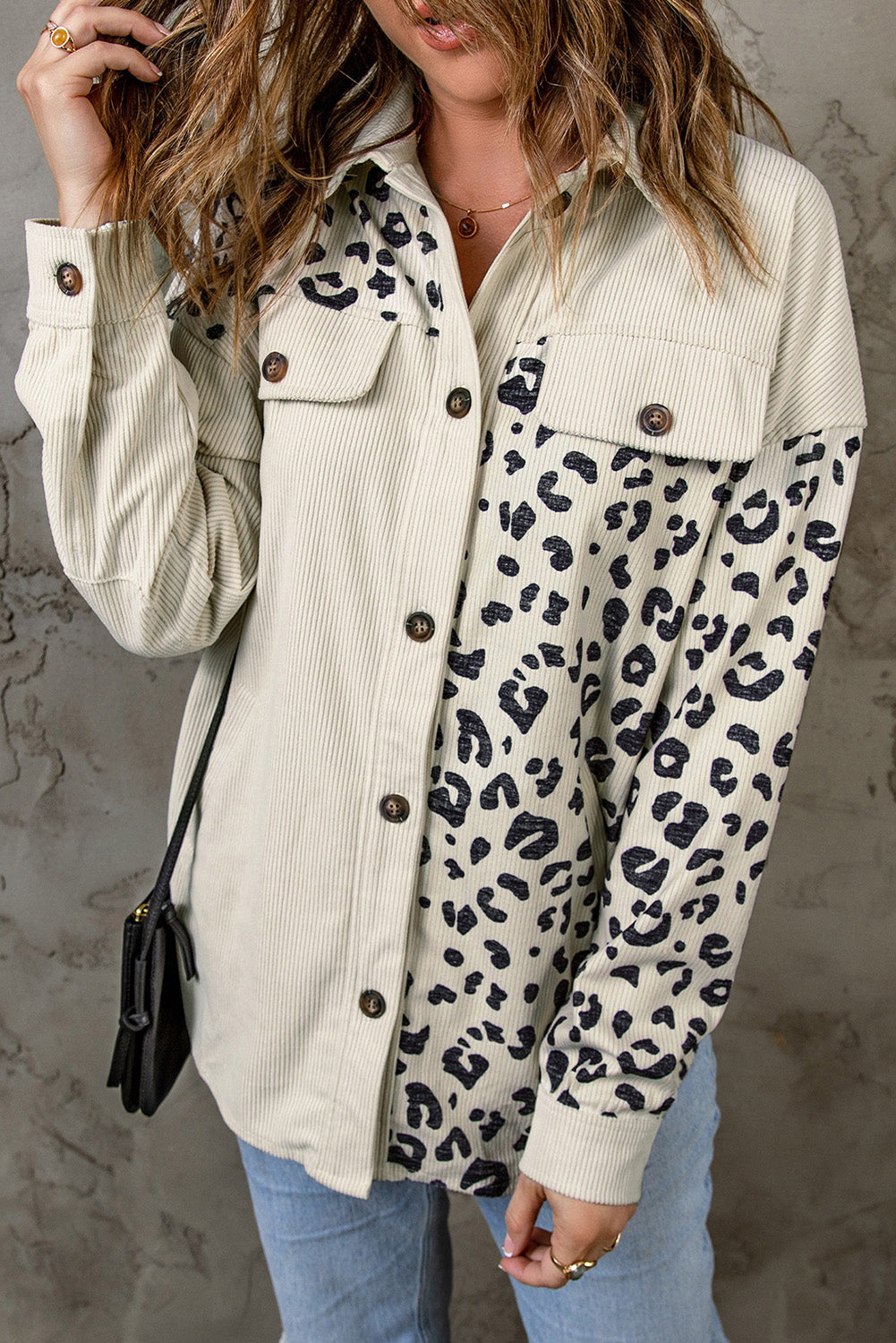 Double Take Leopard Print Pocketed Corduroy Jacket