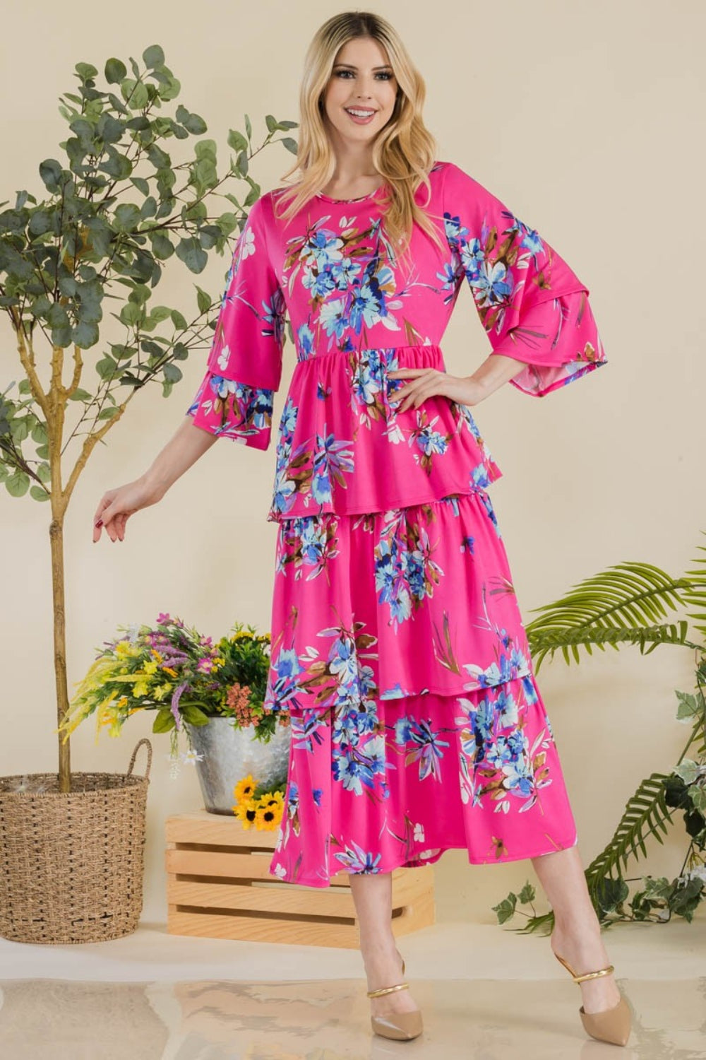 Celeste Full Size Floral Ruffle Tiered Midi Dress