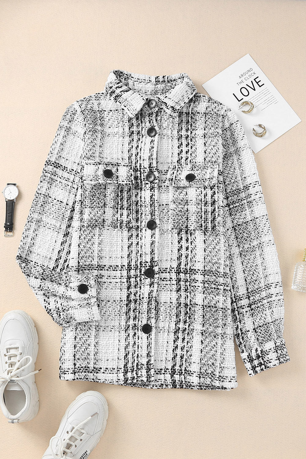 Double Take Plaid Pocketed Long Sleeve Shirt Jacket