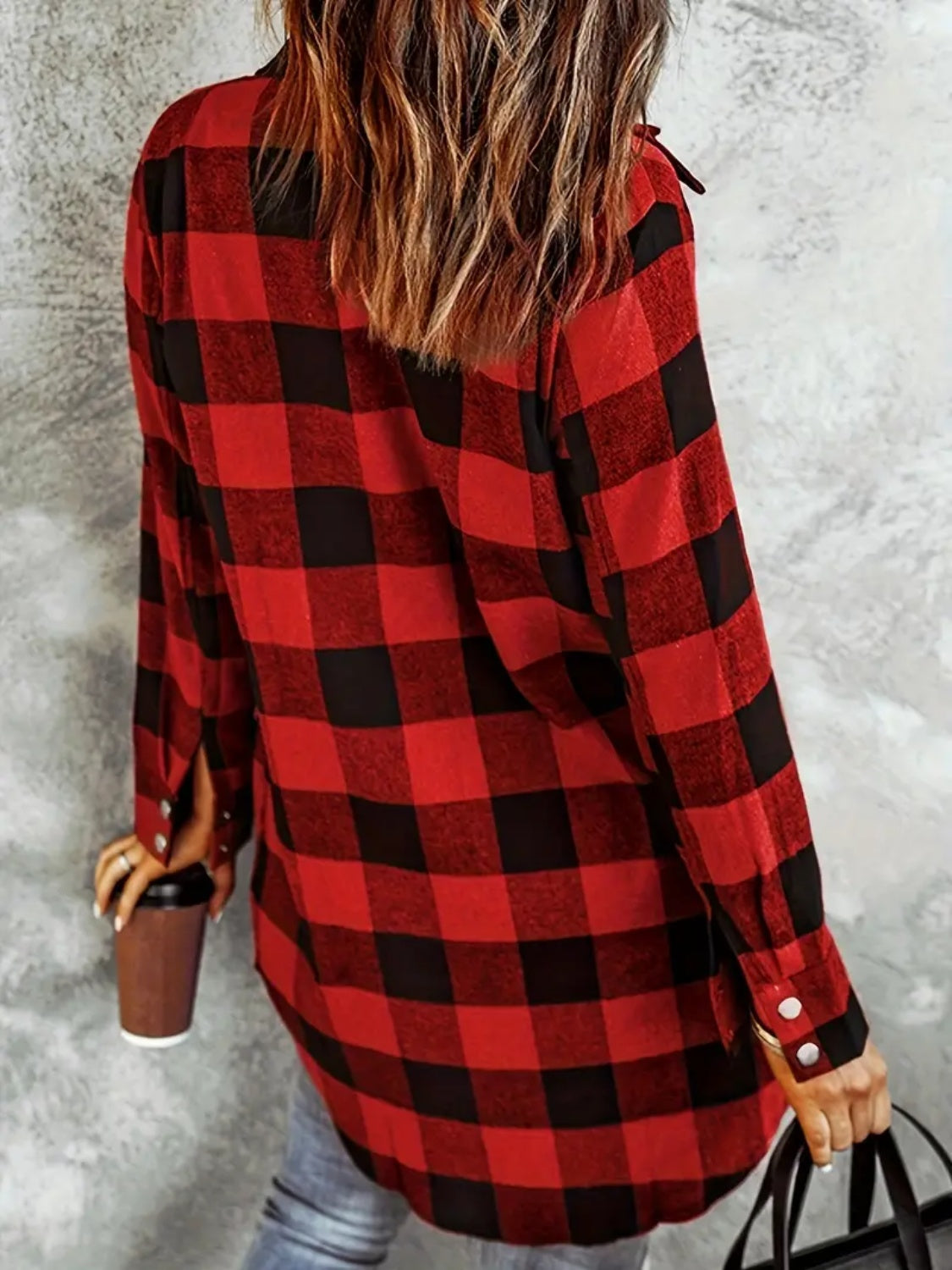 Plaid Collared Neck Snap Down Long Sleeve Jacket