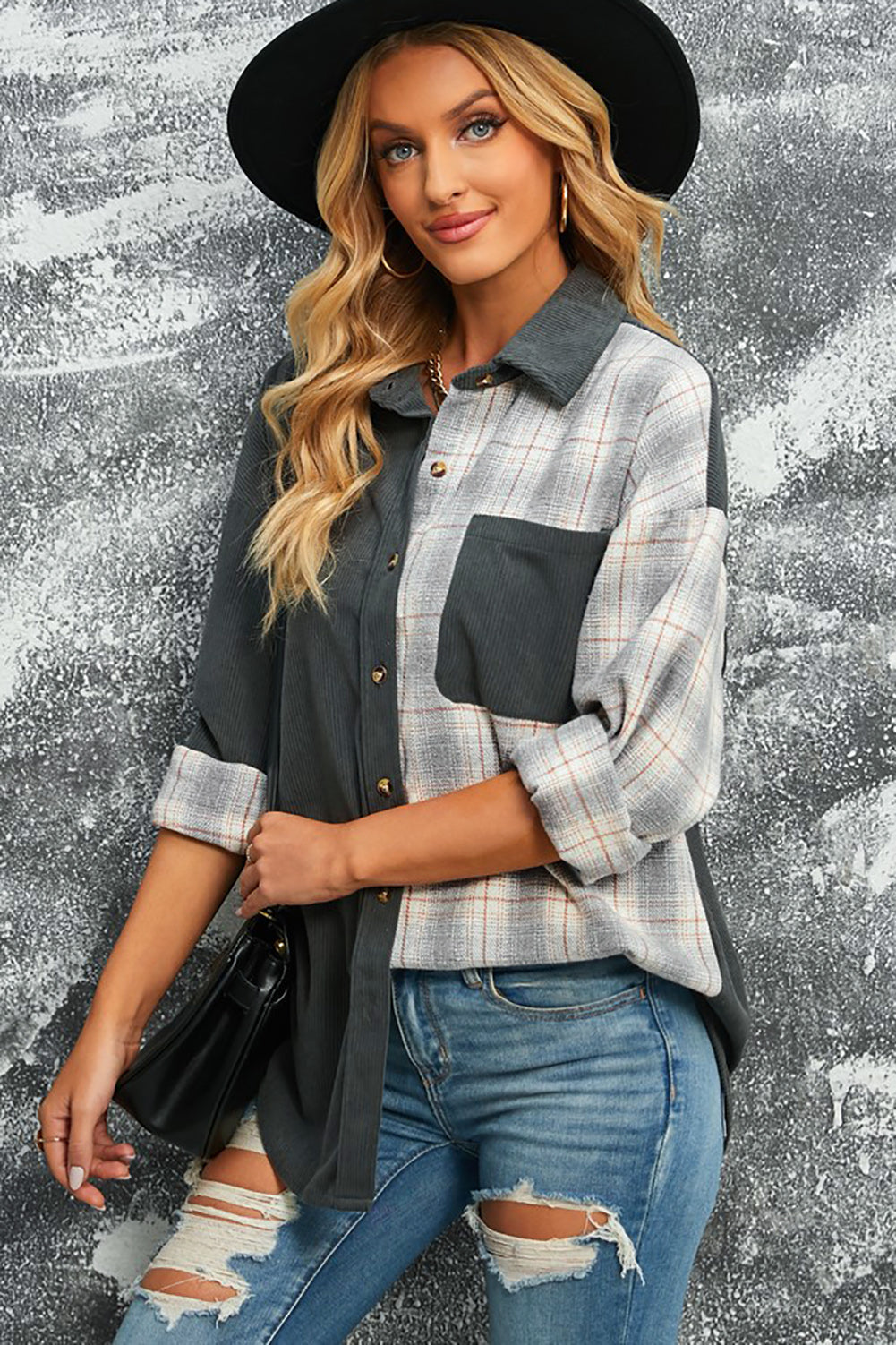 Double Take Plaid Color Block Dropped Shoulder Corduroy Shacket