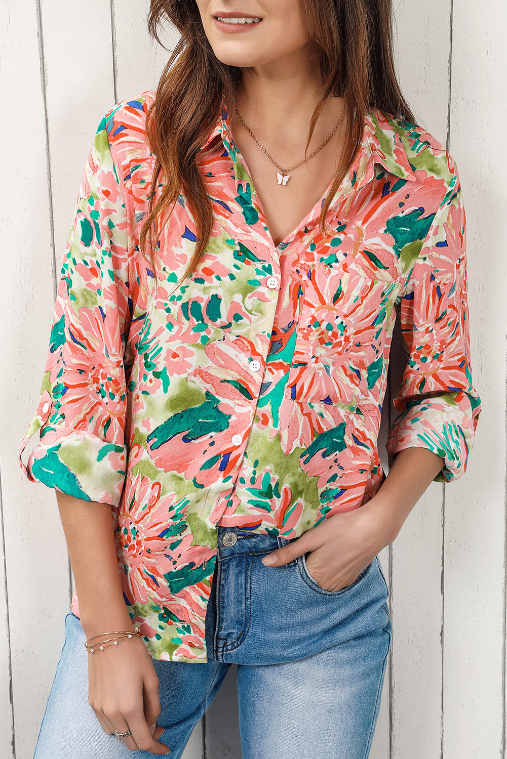 Double Take Floral Long Sleeve Collared Shirt