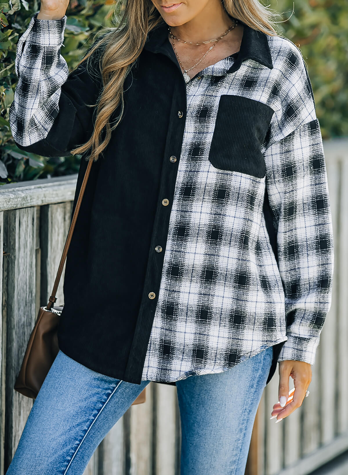 Double Take Plaid Color Block Dropped Shoulder Corduroy Shacket