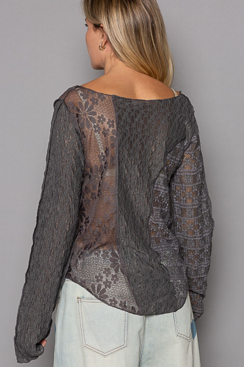 POL Exposed Seam Long Sleeve Lace Knit Top