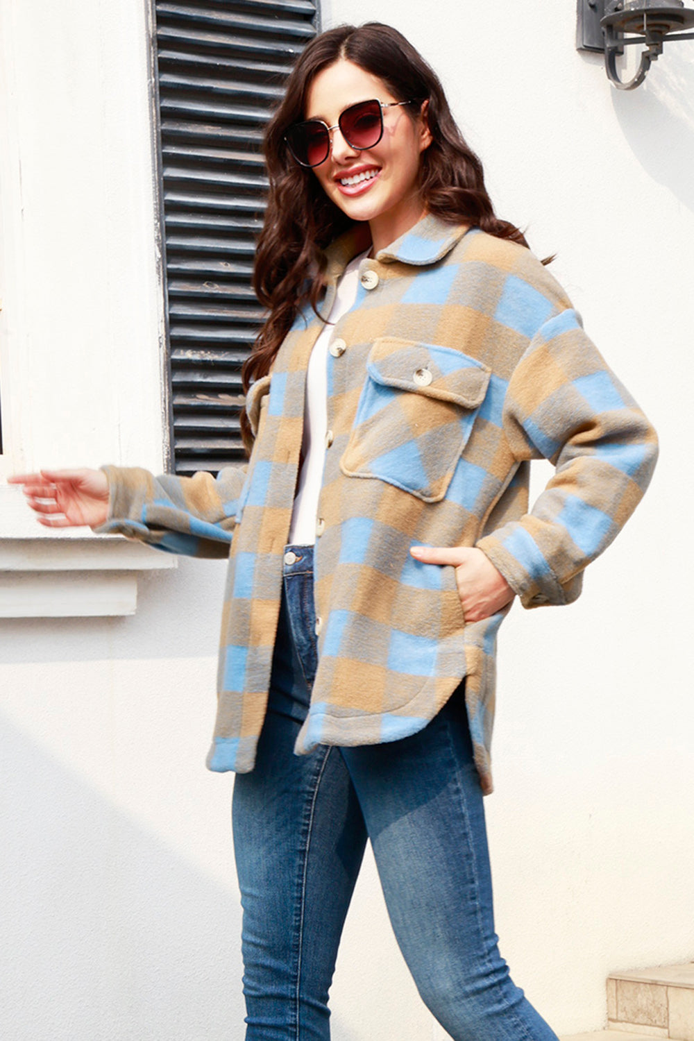 MeiMei Plaid Button Up Collared Neck Slit Shacket