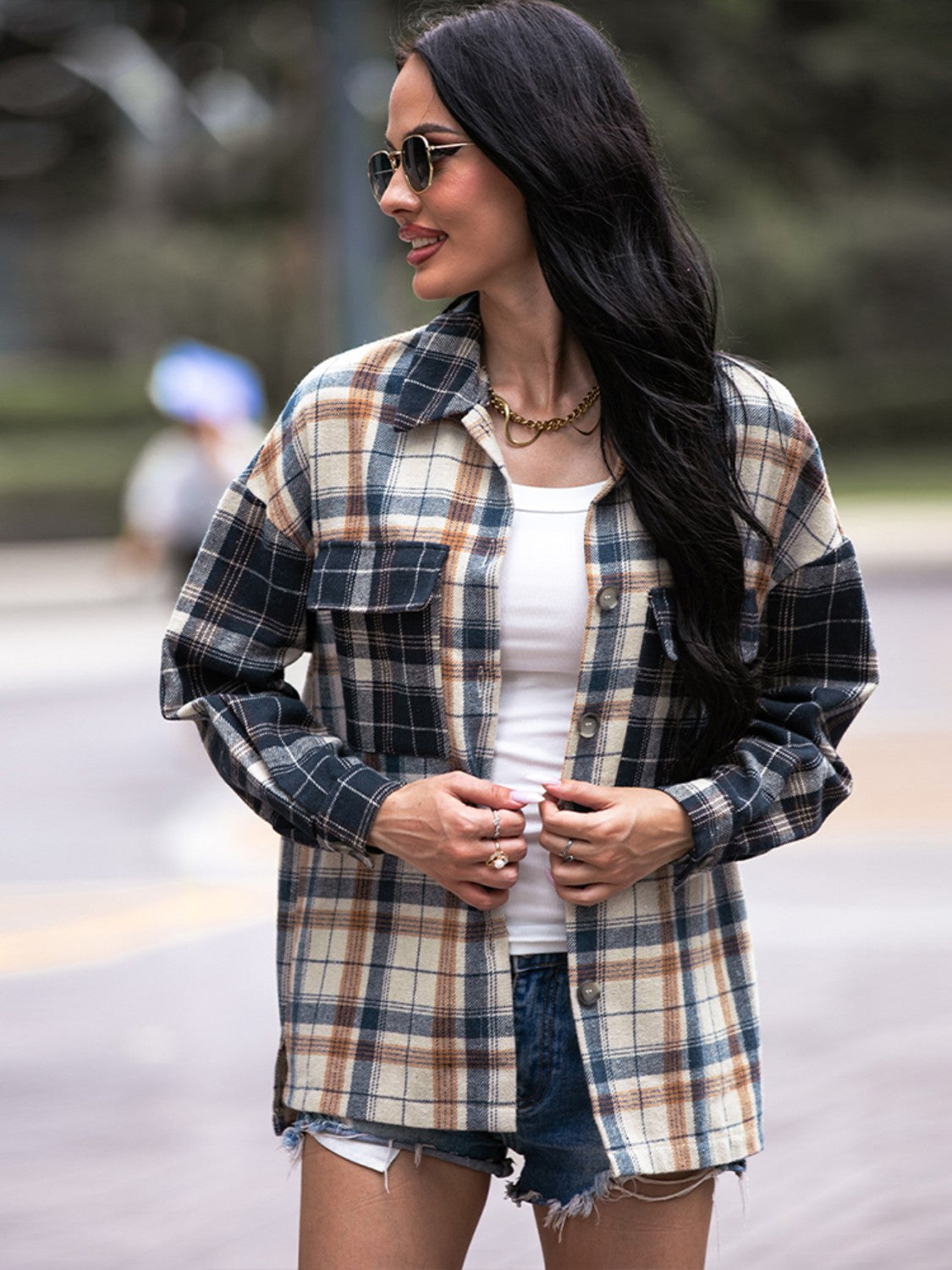 Shiny Plaid Dropped Shoulder Shacket