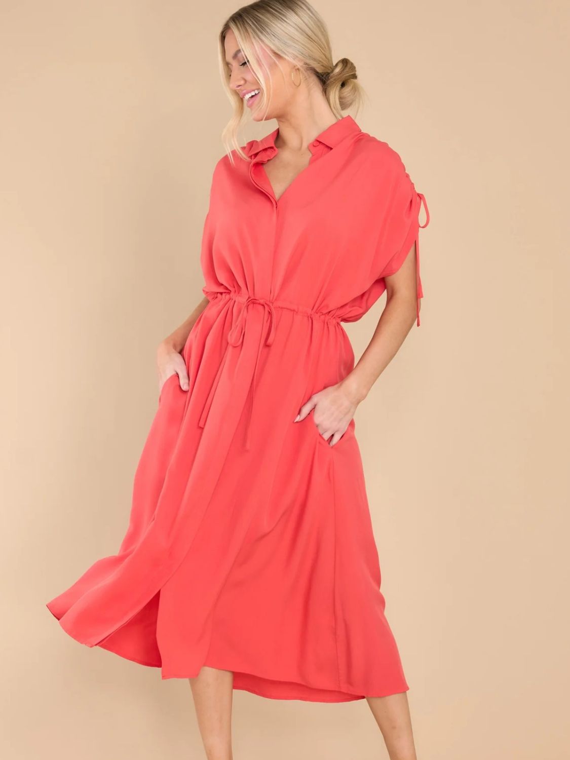 Drawstring Collared Neck Short Sleeve Midi Dress