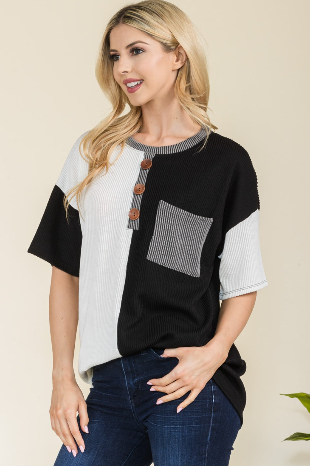 Celeste Full Size Ribbed Color Block Short Sleeve T-Shirt