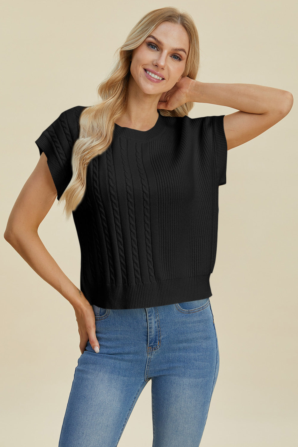 Double Take Full Size Cable-Knit Round Neck Short Sleeve Sweater