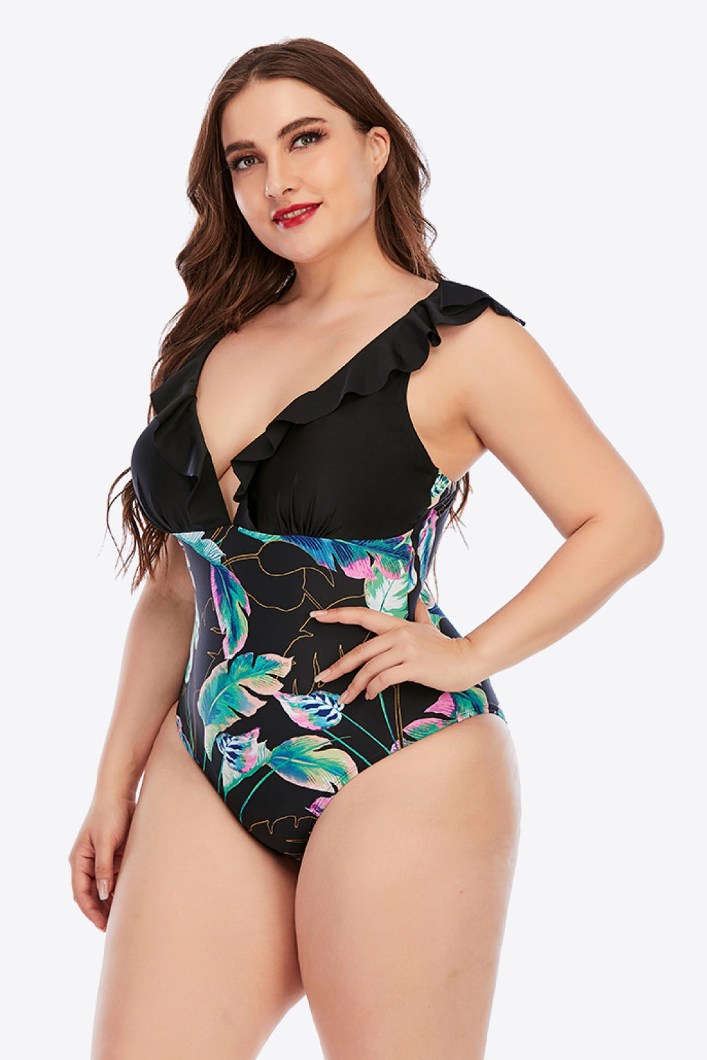 Plus Size Printed Ruffled Deep V One-Piece Swimsuit