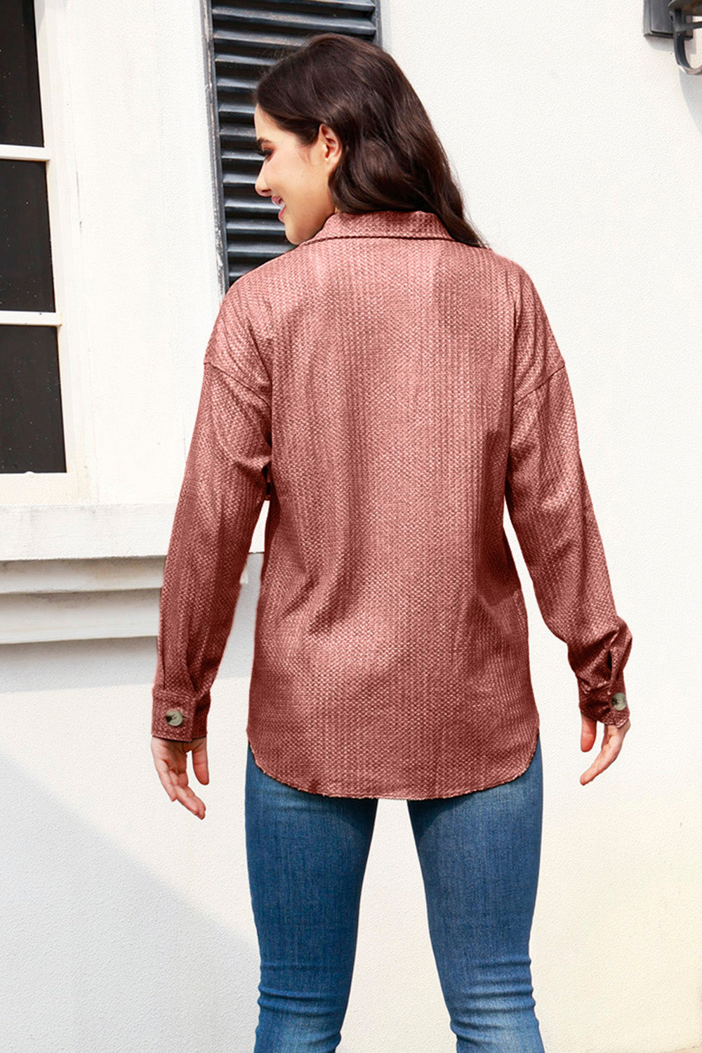 MeiMei Button Up Collared Neck Long Sleeve Shacket