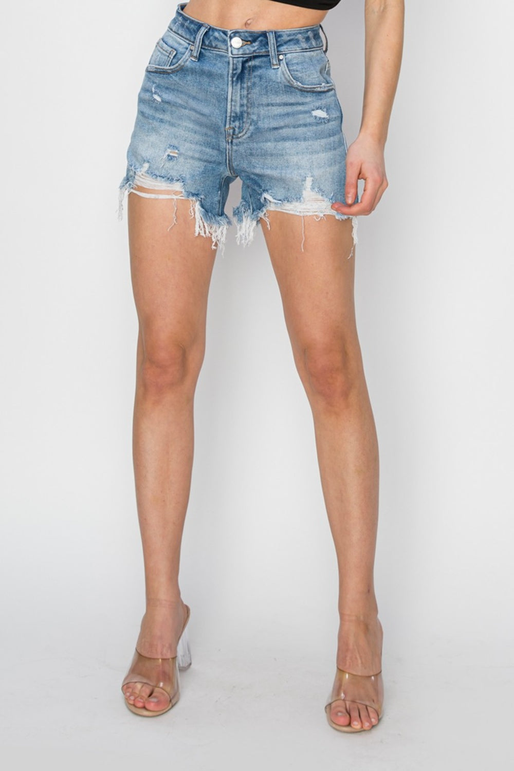 RISEN High Rise Frayed Hem Denim Shorts