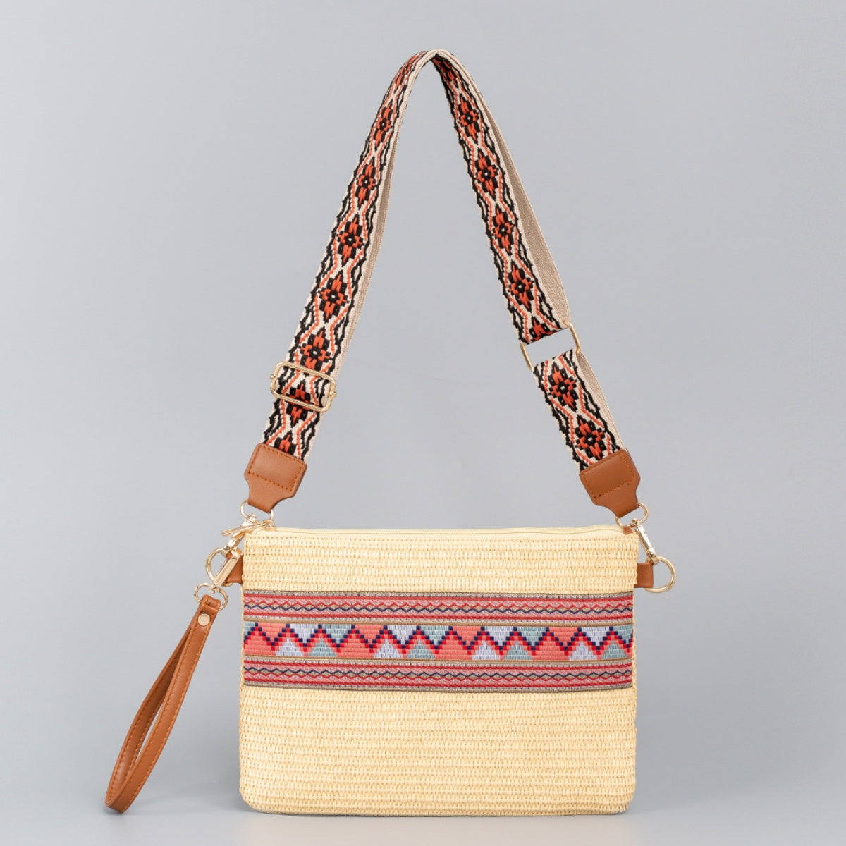 Geometric Straw Weave Crossbody Bag