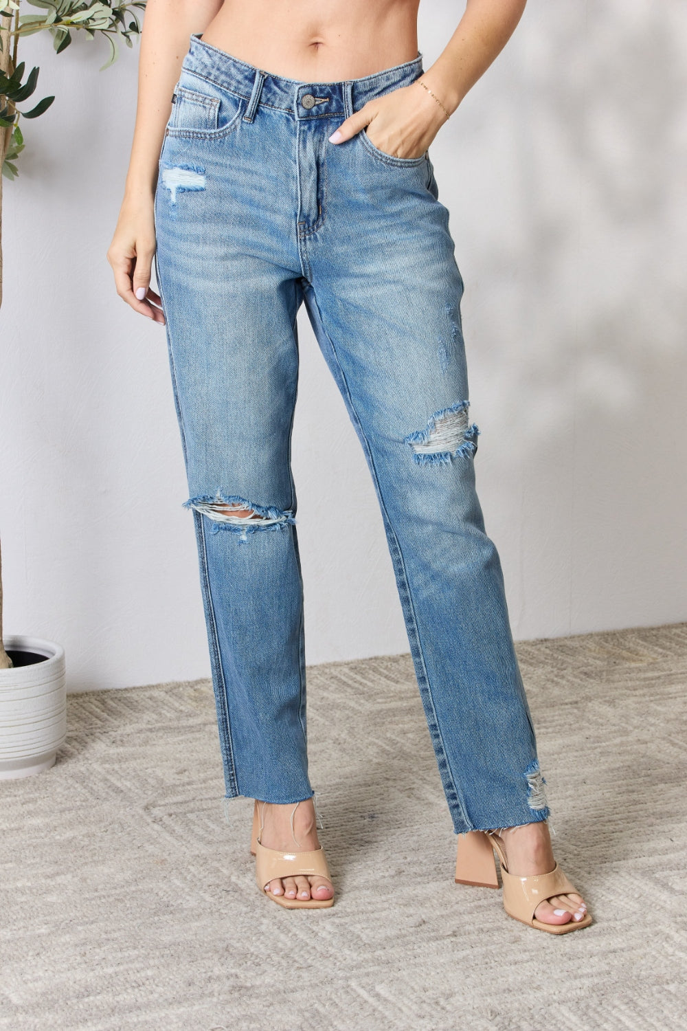 Judy Blue Full Size Distressed Raw Hem Straight Jeans