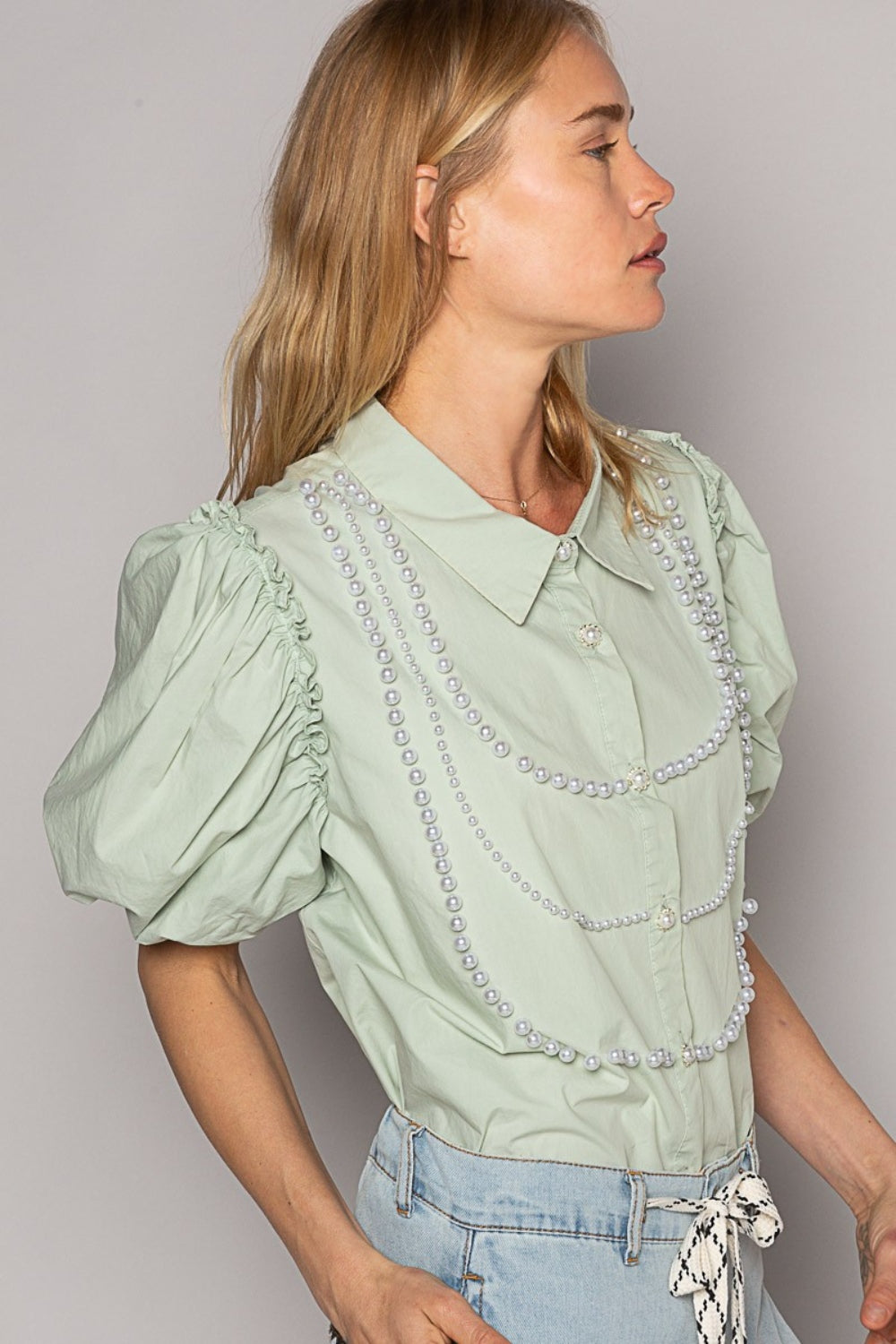 POL Pearl Detail Button Up Puff Sleeve Shirt