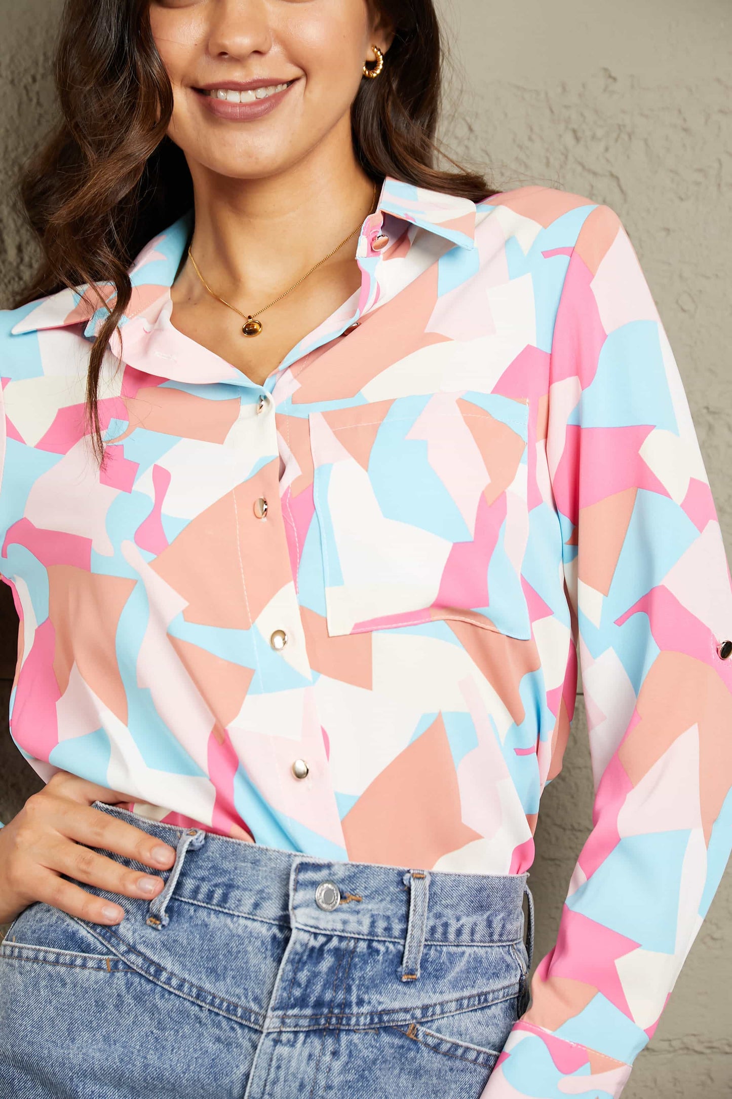 Double Take Multicolored Long Sleeve Collared Shirt