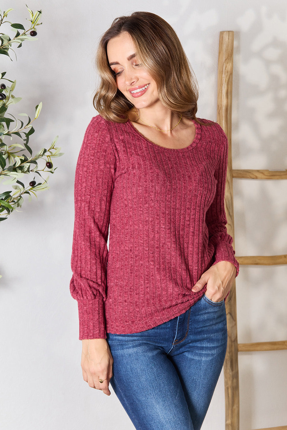 Double Take Ribbed Round Neck Lantern Sleeve Blouse